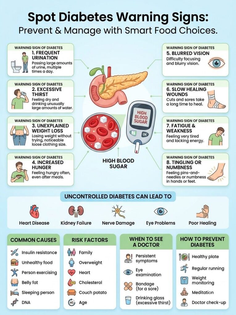 An infographic titled Spot Diabetes Warning Signs Prevent Manage with Smart Food Choices showing a central illustration 