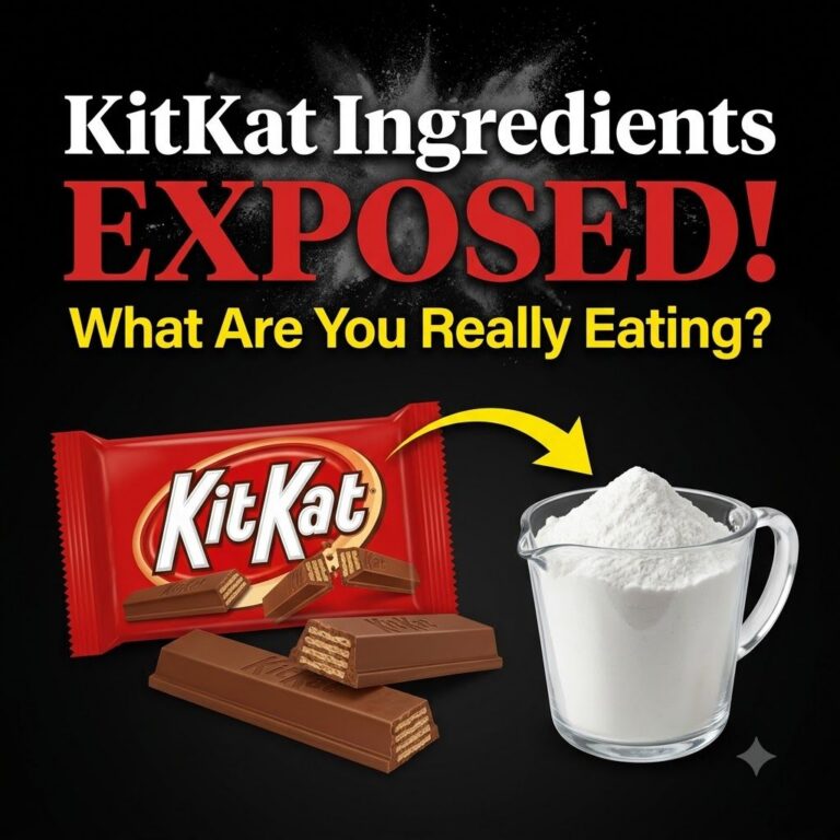 A KitKat chocolate bar shown unwrapped and broken into pieces with a yellow arrow pointing towards a measuring cup fille