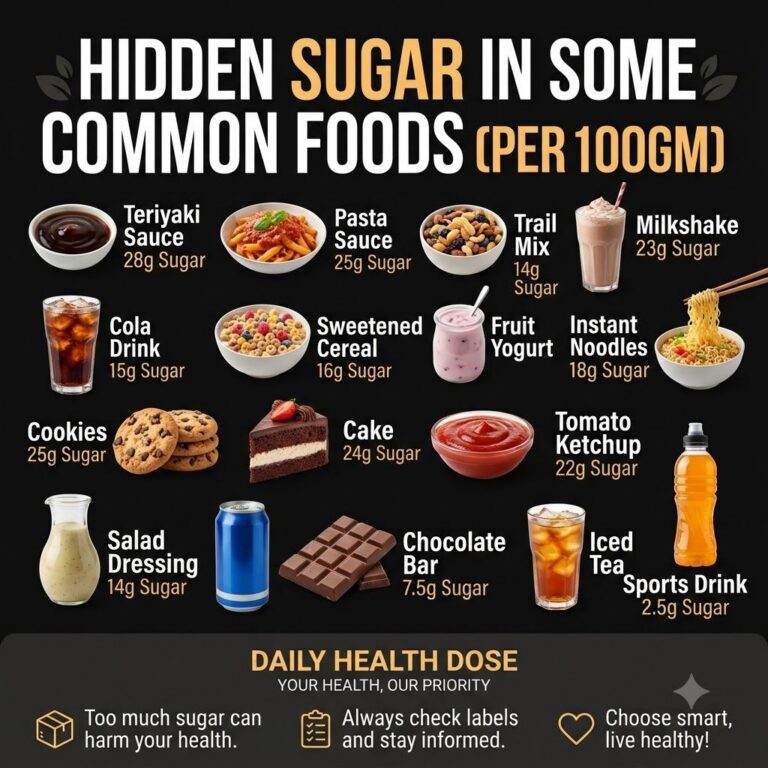 An infographic titled Hidden Sugar in Some Common Foods Per 100gm displaying 15 different food and drink items with thei