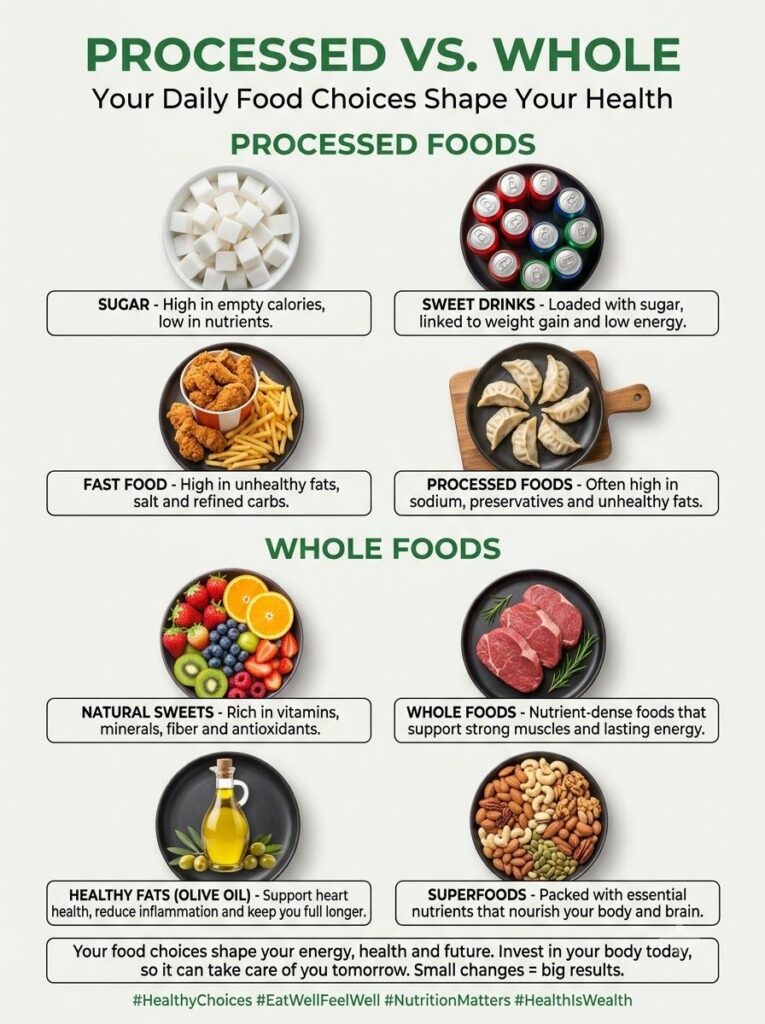 An infographic comparing Processed Foods and Whole Foods with visual examples for each category Processed foods include
