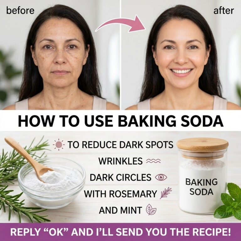 An infographic showing before and after facial comparisons benefits of baking soda for skin dark spots wrinkles dark cir