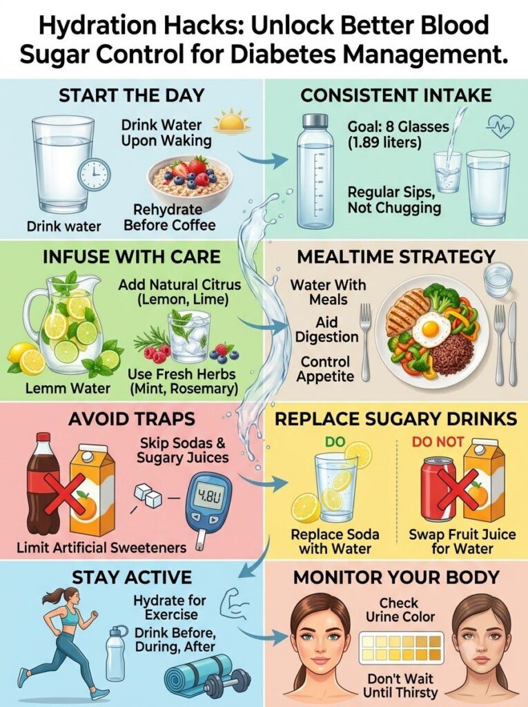 An infographic titled Hydration Hacks Unlock Better Blood Sugar Control for Diabetes Management showing various tips lik