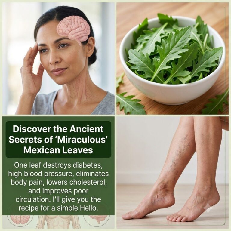 A collage depicting various health concerns like headaches and poor circulation varicose veins alongside fresh green lea