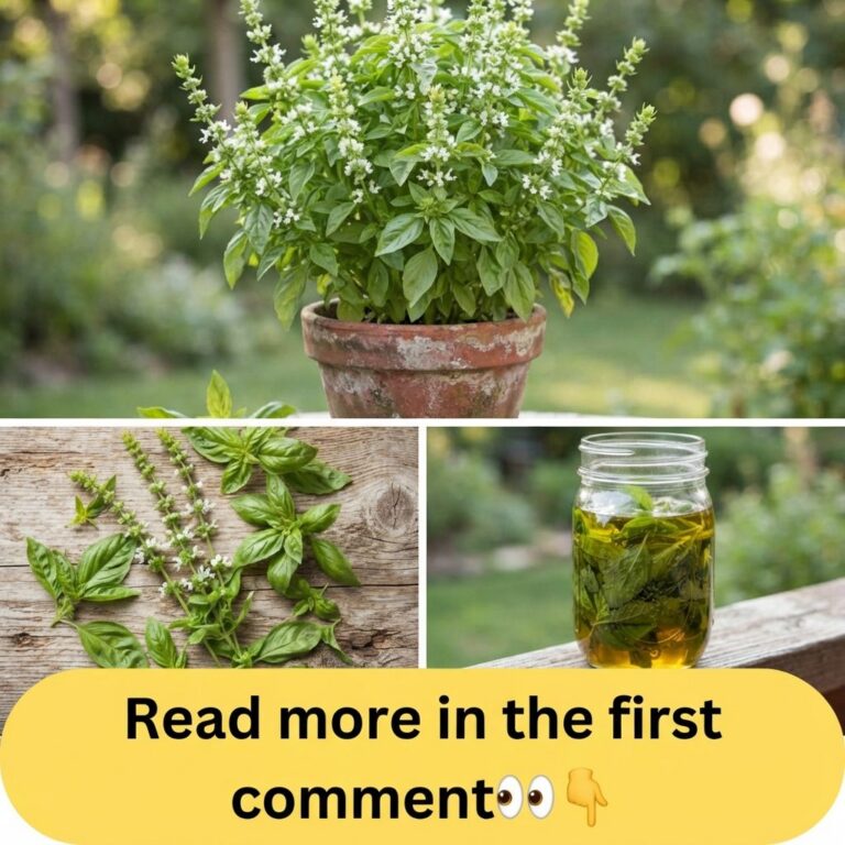 A collage showing a basil plant with flowers harvested basil leaves and flowers and a glass jar with basil infusion all 