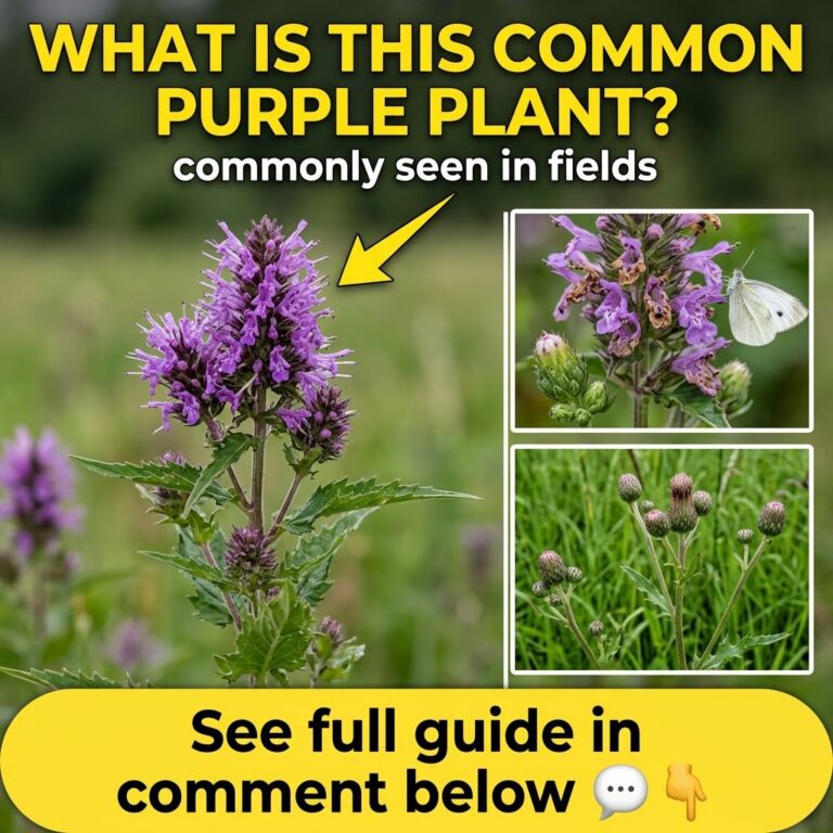 A close-up image of Prunella vulgaris Self-Heal with its distinctive spiky purple flower clusters and green leaves growi