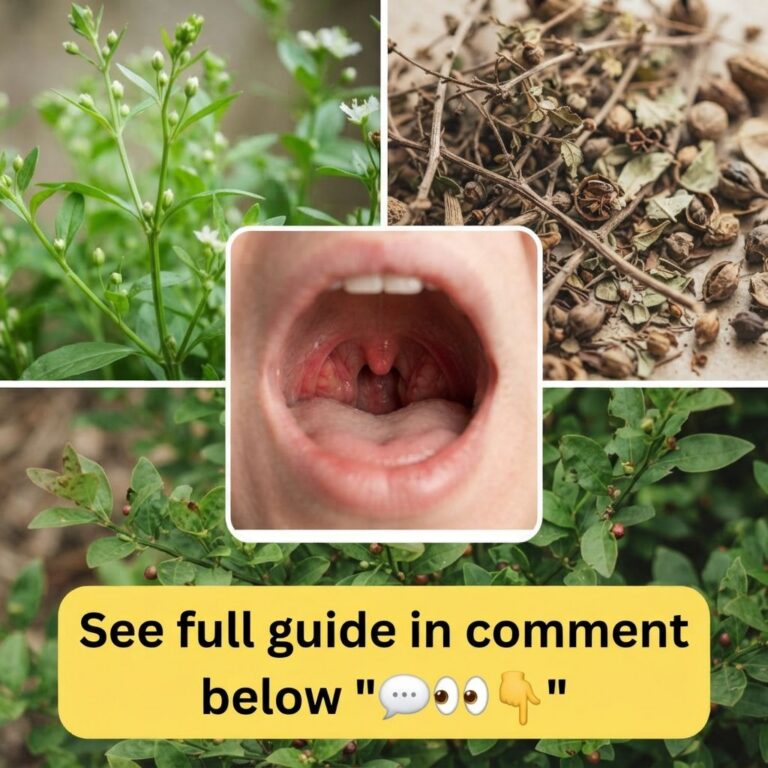 A collage depicting an open human mouth and throat surrounded by various botanicals a green plant with small white flowe