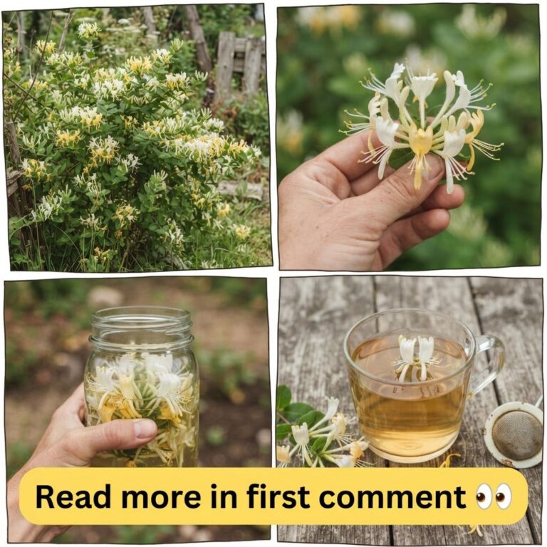 A four-panel collage showing honeysuckle a bush a hand holding a flower flowers steeping in a jar and honeysuckle tea in
