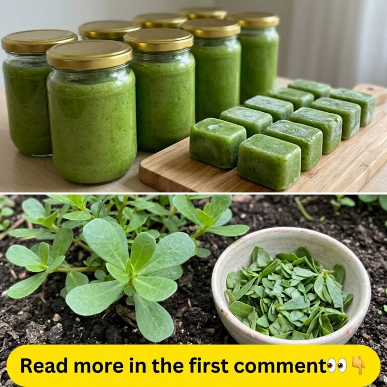 A diptych showing fresh purslane plants and harvested leaves in the bottom half and prepared purslane in jars and frozen