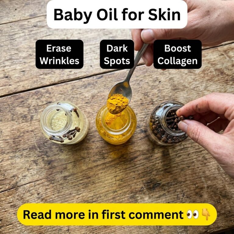 Overhead shot of three clear jars containing baby oil with rice and cloves turmeric powder and whole cloves with hands i