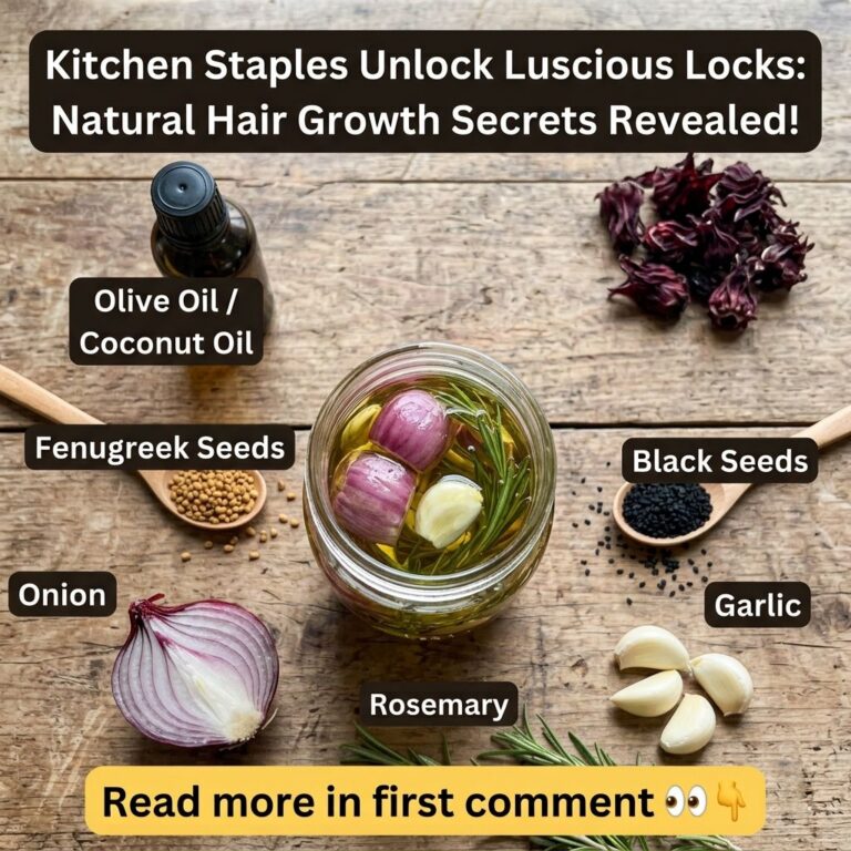 A top-down flat lay of kitchen ingredients for hair growth featuring a glass jar of infused oil with red onions and rose