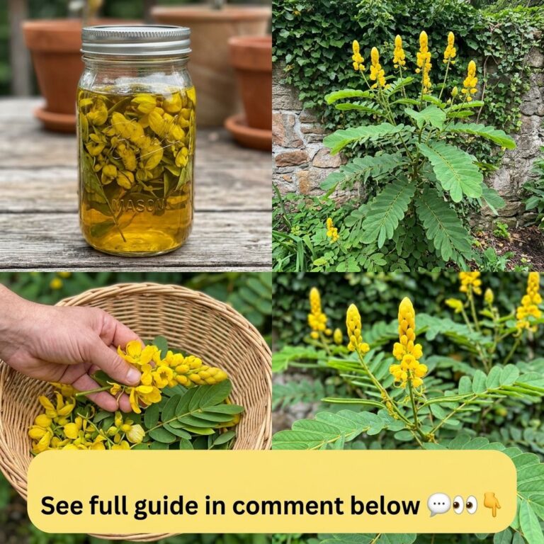 A four-panel grid showcasing the Candlebush plant a jar with yellow liquid and flowers the full plant with yellow spikes