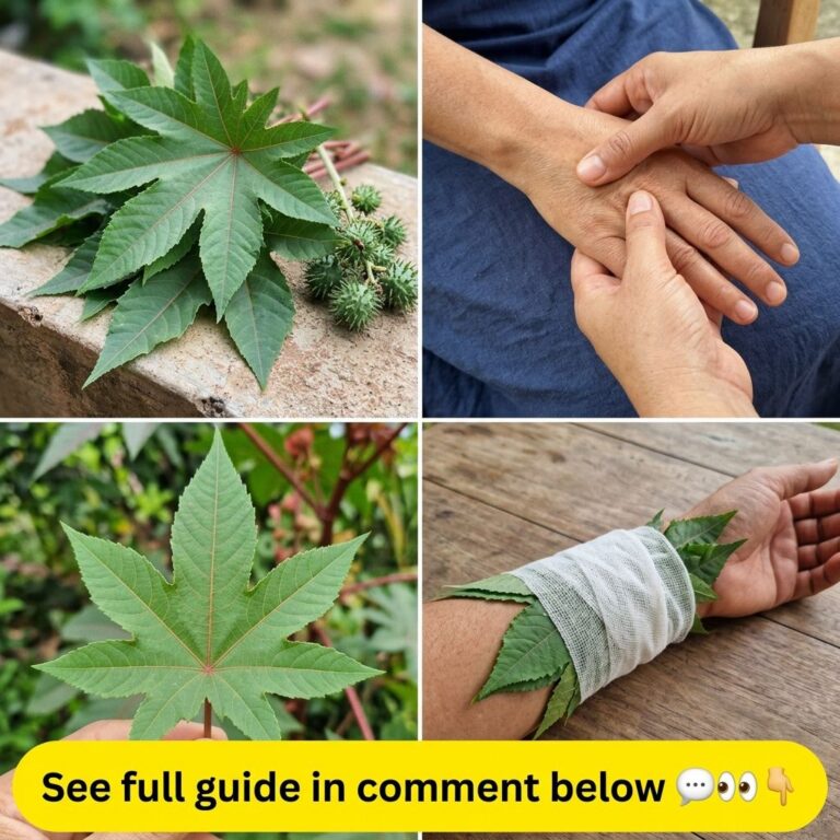 A four-panel collage illustrating the castor plant its leaves and the process of making and applying a castor leaf compr