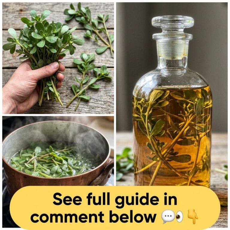 A three-panel collage showing fresh purslane being held purslane simmering in a pot and purslane infused in a glass bott