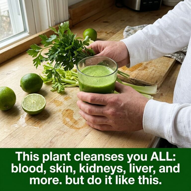 A close-up eye-level view of a person s hands holding a clear glass filled with vibrant green juice on a rustic wooden c