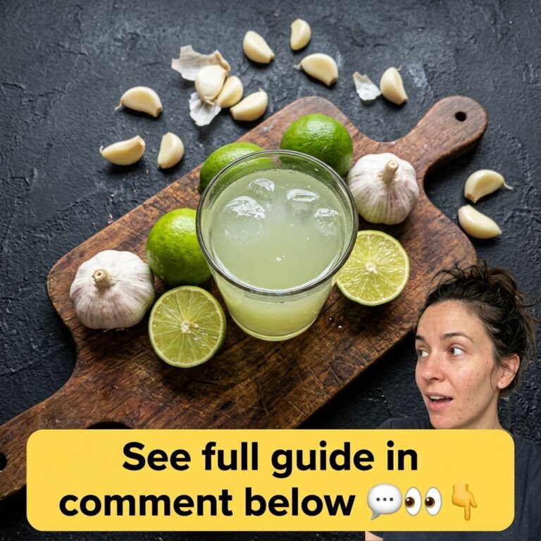 Rustic wooden board with whole and halved green limes whole garlic bulbs scattered cloves and a glass of a pale green dr