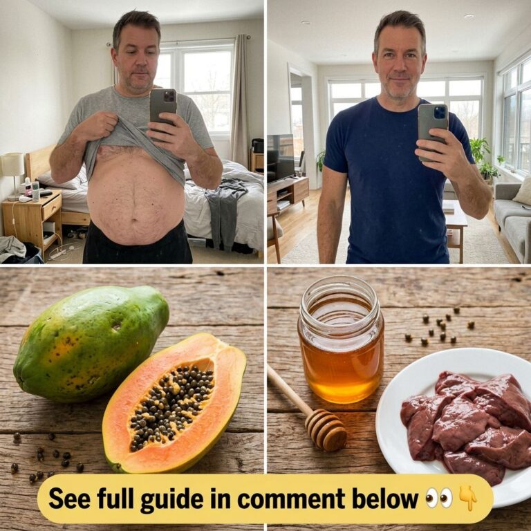 A four-panel grid showing a man s before-and-after bloated stomach with a whole and halved ripe papaya papaya seeds and 