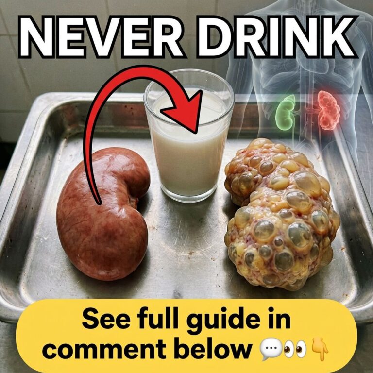 An alarmist image showing a healthy kidney versus a diseased kidney on a surgical tray with a glass of white liquid and 