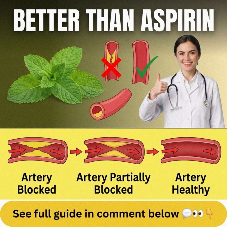 A vibrant sprig of fresh mint leaves next to illustrations of healthy and blocked arteries with text Better than Aspirin