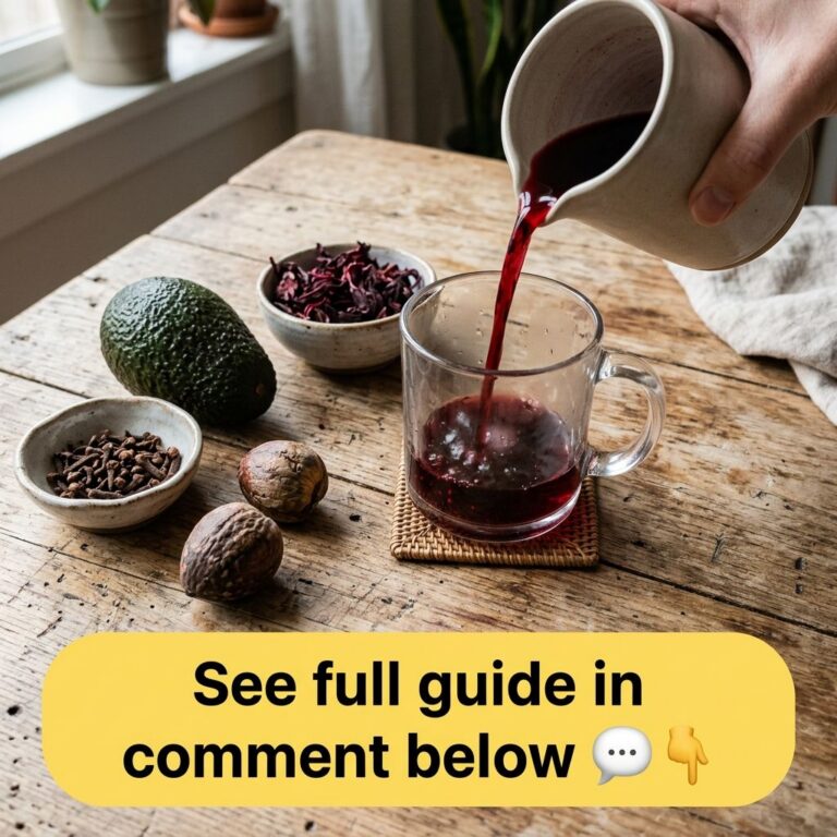 A hand pouring a deep red liquid into a clear glass mug surrounded by whole avocado avocado seeds dried hibiscus flowers