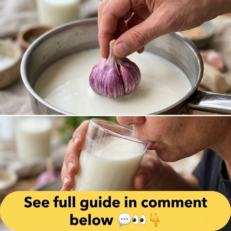 Human hand gently placing a vibrant purple garlic bulb into a silver saucepan filled with white milk illustrating the st