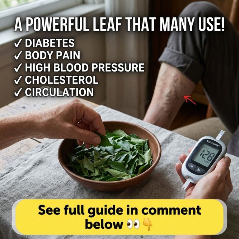 Hands preparing vibrant green leaves for a natural remedy with a blood glucose meter showing a reading and information a