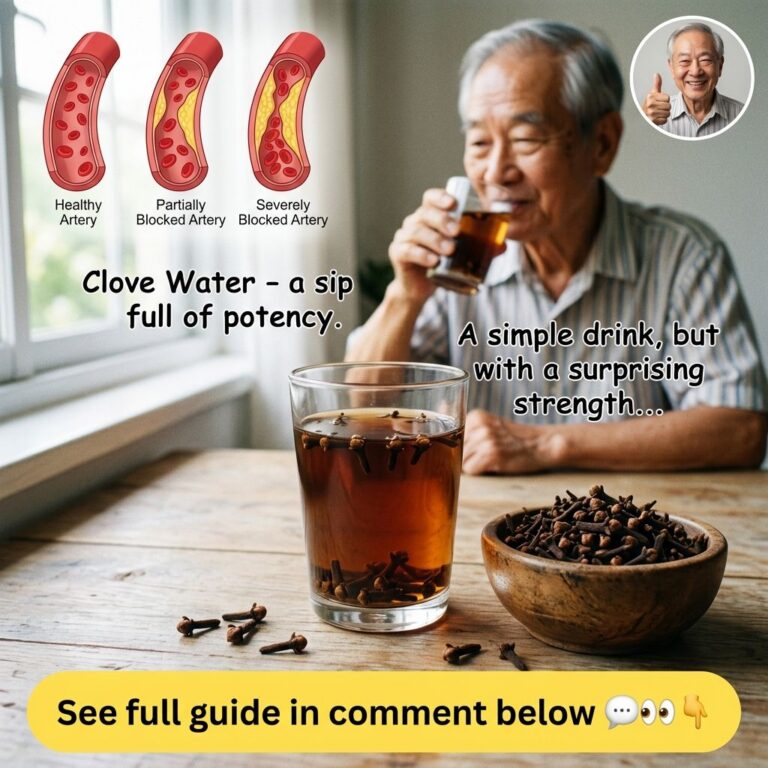 An elderly Asian man smiling and drinking clove water with diagrams of healthy and blocked arteries and a glass of clove