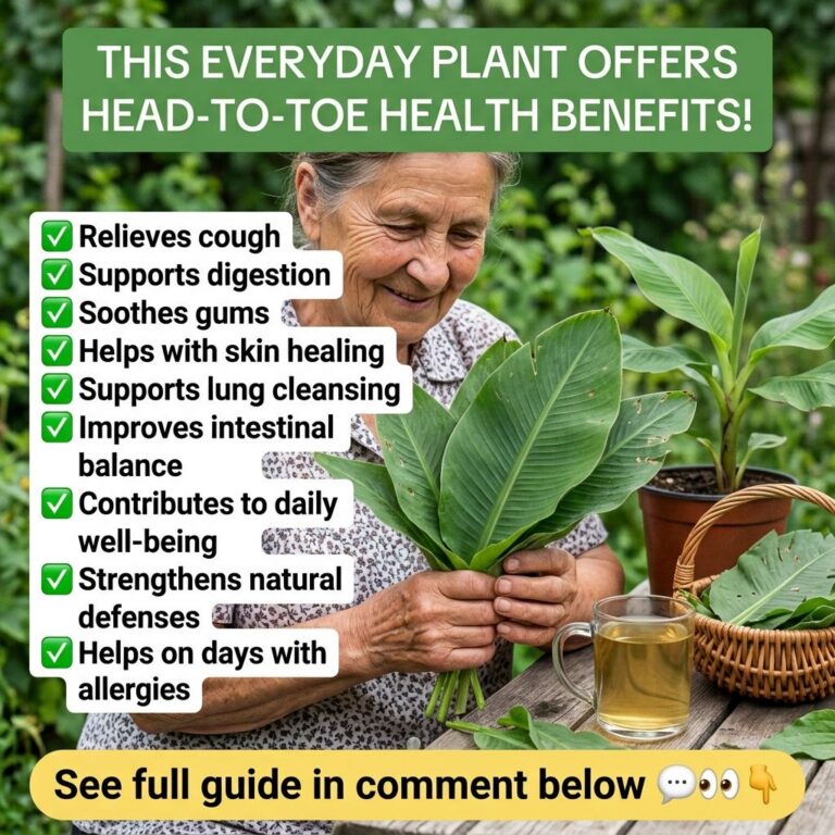 An elderly woman with a gentle smile holds fresh plantain leaves with a glass of herbal tea and more leaves on a wooden 