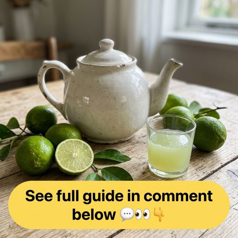 A rustic off-white teapot surrounded by fresh green limes one halved on a wooden table A glass of pale green liquid lime