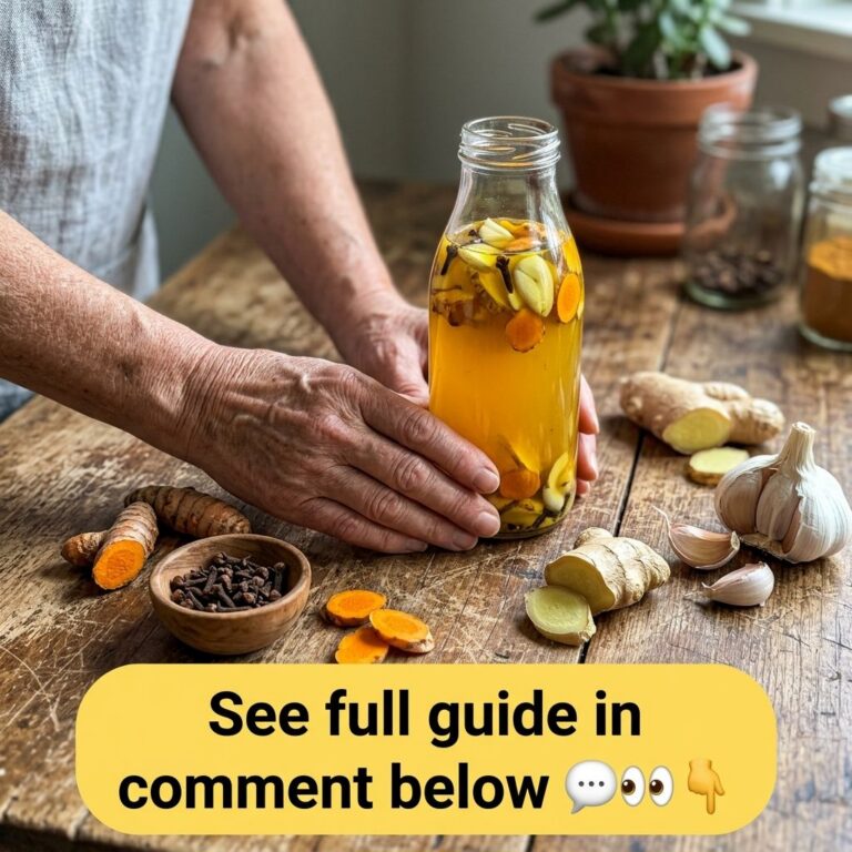 A clear glass bottle filled with a vibrant yellow herbal infusion containing slices of ginger turmeric and whole cloves