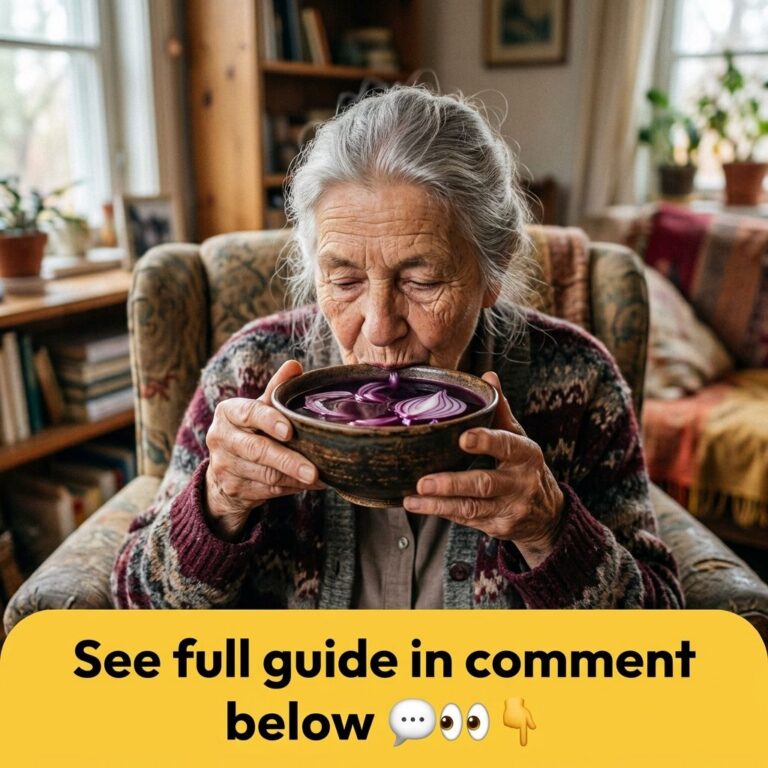 An elderly woman peacefully inhaling steam from a rustic bowl of red onion tea with visible red onion slices in the dark