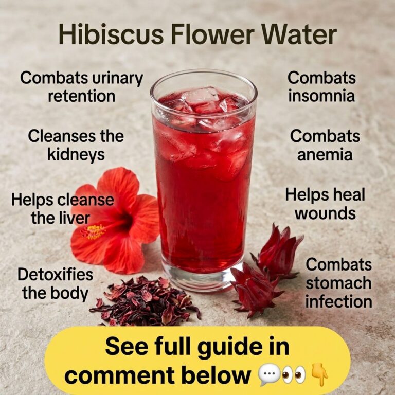 A refreshing glass of iced hibiscus flower water with fresh and dried hibiscus calyces and a fresh hibiscus flower