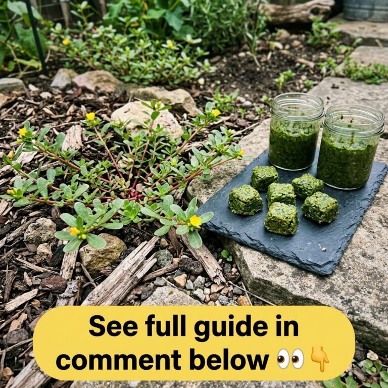 A split image showing fresh purslane growing in a garden on one side and processed purslane in jars and cubes on a slate