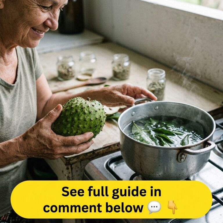 An elderly woman with a gentle smile holding a soursop fruit with a pot of soursop leaves boiling on a stove next to her