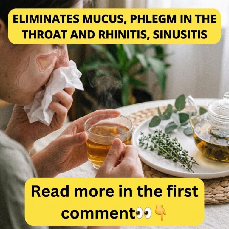 A person blowing their nose while holding a steaming mug of herbal tea with a teapot and fresh herbs in the background i