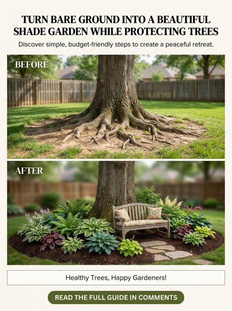 A before and after comparison showing bare ground around a tree transformed into a beautiful mulched shade garden with d
