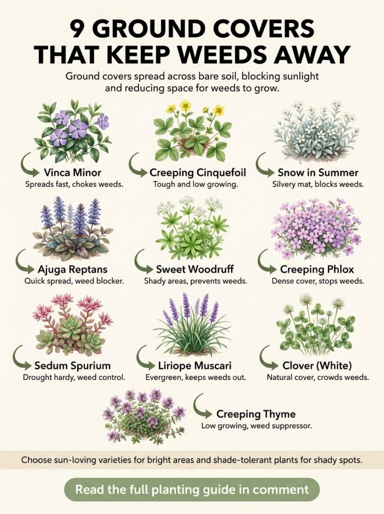 Infographic illustrating nine different types of ground cover plants known for weed suppression such as Vinca Minor Cree