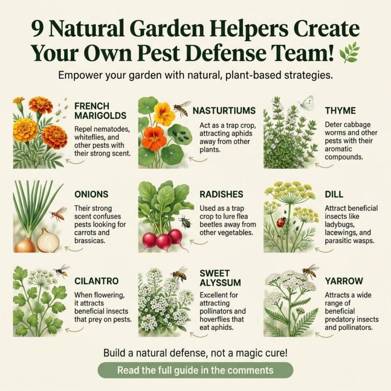 An infographic showing 9 different plants each with an illustration and text describing its natural pest control benefit
