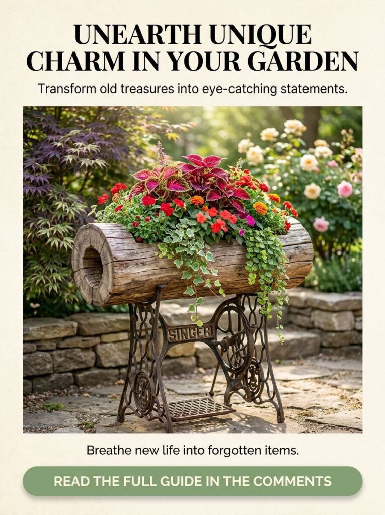 A unique garden planter crafted from a hollowed log resting on an antique cast iron SINGER sewing machine base filled wi