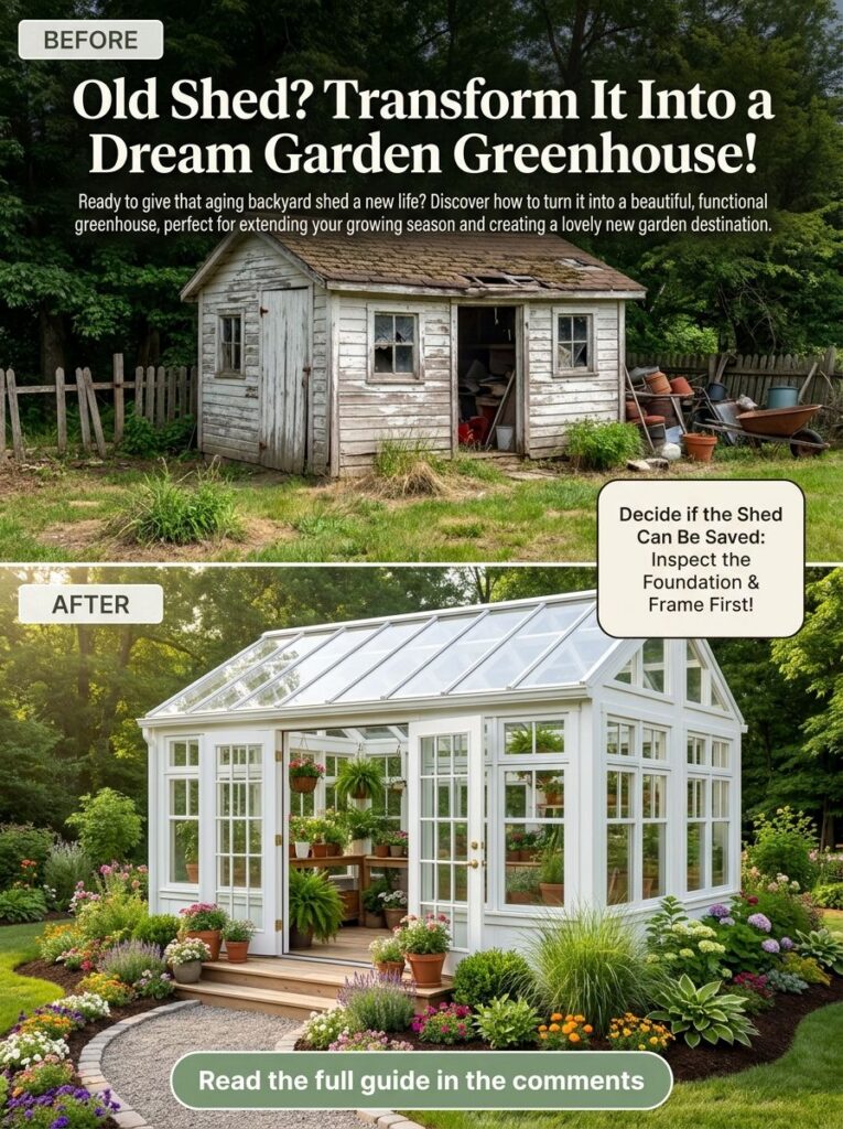 A Before After comparison showing an old dilapidated shed transformed into a pristine functional garden greenhouse fille