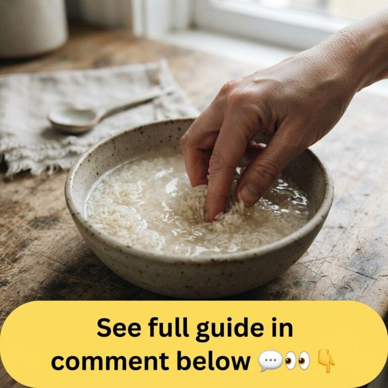 A close-up of a hand stirring raw white rice in a speckled ceramic bowl filled with cloudy water on a wooden surface
