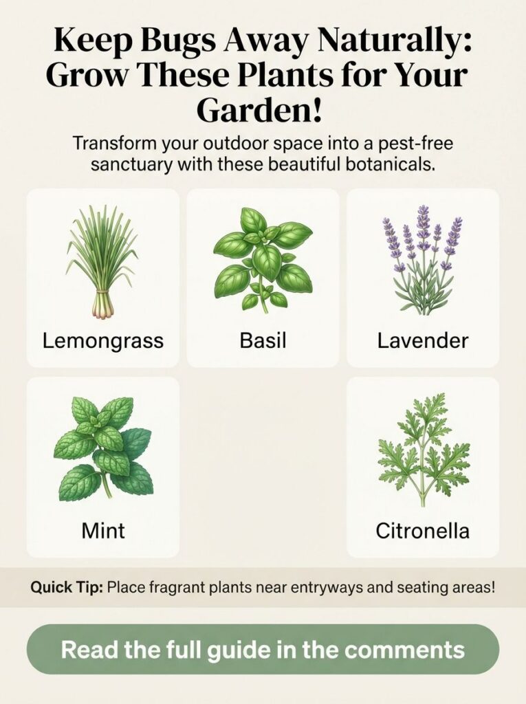 An infographic showing five plants Lemongrass Basil Lavender Mint Citronella with illustrations and text explaining thei
