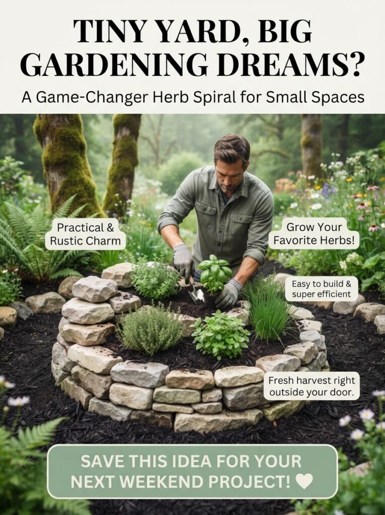 A man planting herbs in a meticulously constructed rock-stacked herb spiral in a lush garden setting showing the rustic