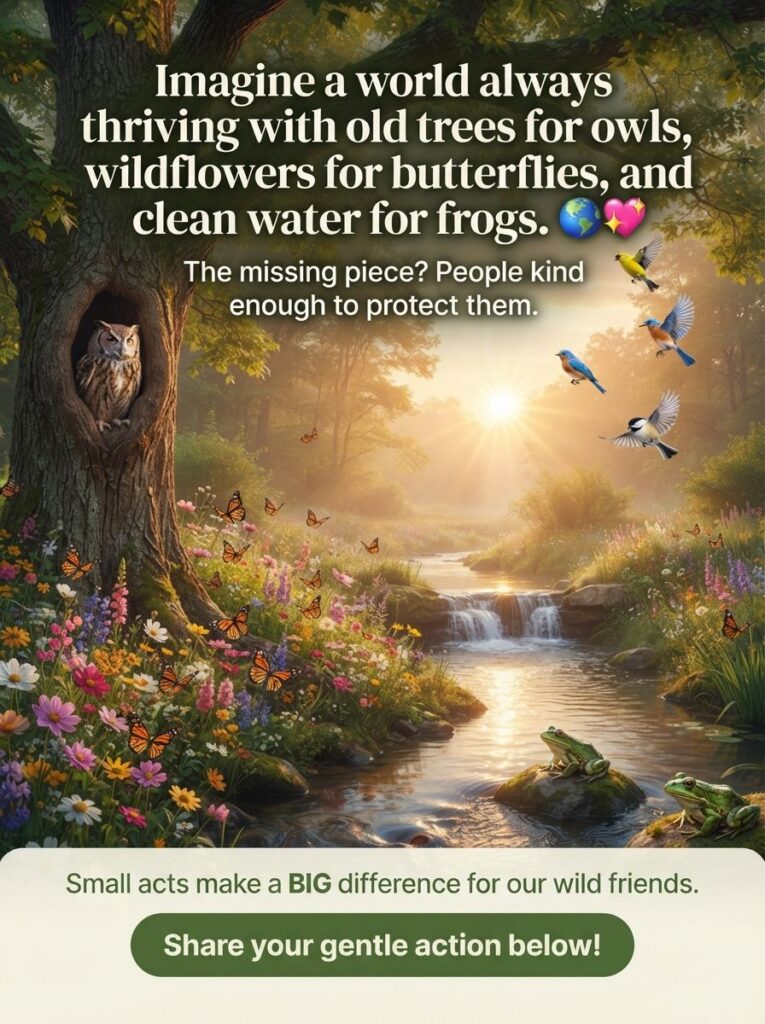 An idyllic natural landscape with an old tree an owl a river wildflowers monarch butterflies and frogs representing a th