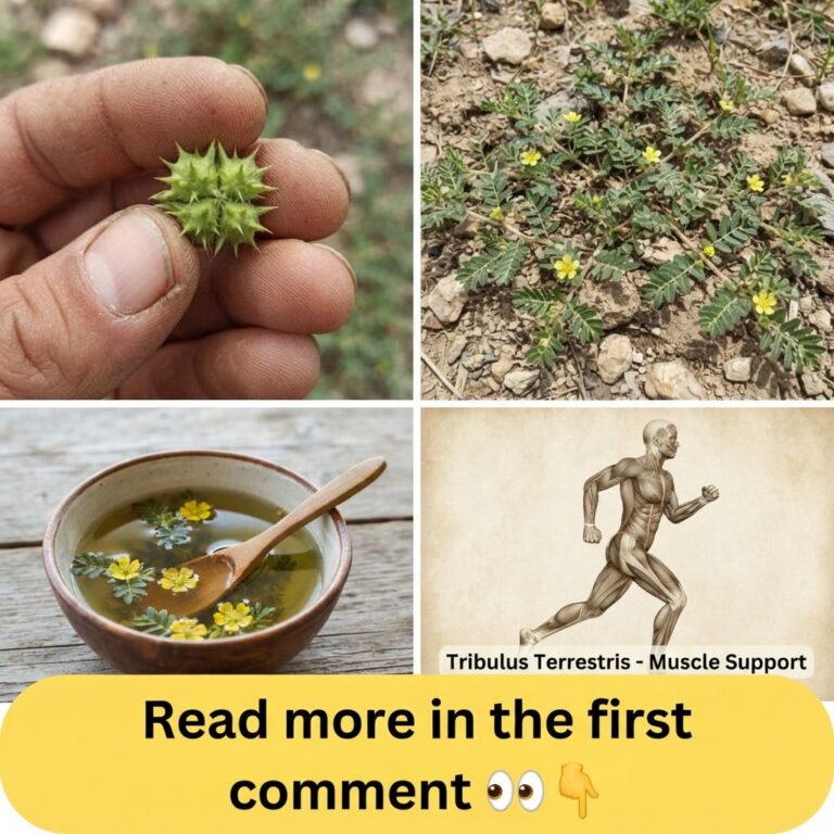 A 2x2 grid collage featuring Tribulus Terrestris top-left shows a hand holding the spiky fruit top-right shows the plant