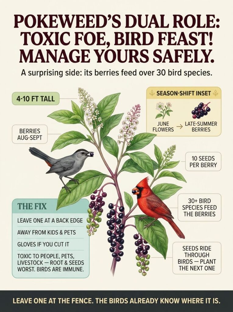 An infographic showing pokeweed plant with green leaves pinkish-white flowers and clusters of dark purple berries with t