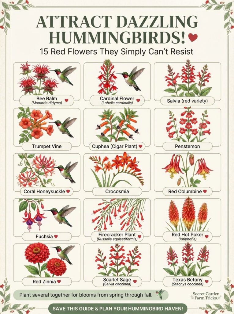 An infographic showing 15 different types of red flowers that attract hummingbirds with botanical illustrations and name