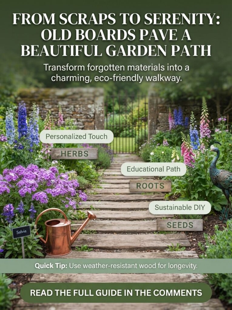 A serene garden path made from weathered wooden boards lined with vibrant purple blue and pink flowers leading to an orn
