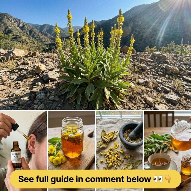 A multi-panel collage showing a Mullein plant in nature a hand applying Mullein oil to an ear a jar of Mullein oil infus