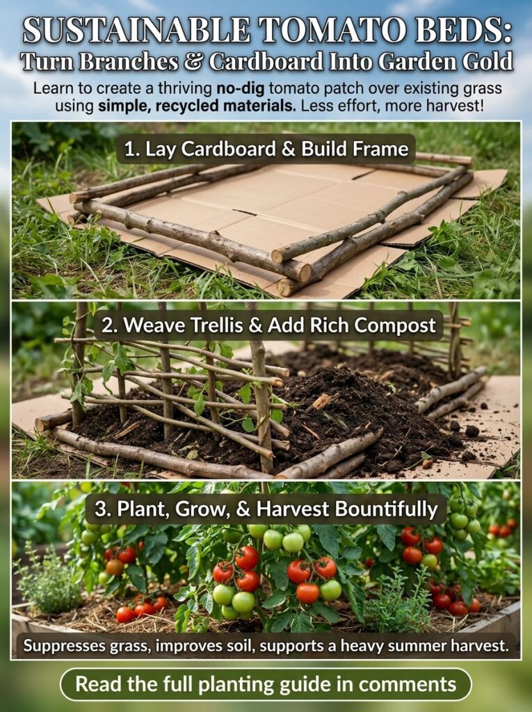 A step-by-step infographic showing how to create a sustainable tomato bed using cardboard branches for a frame and trell