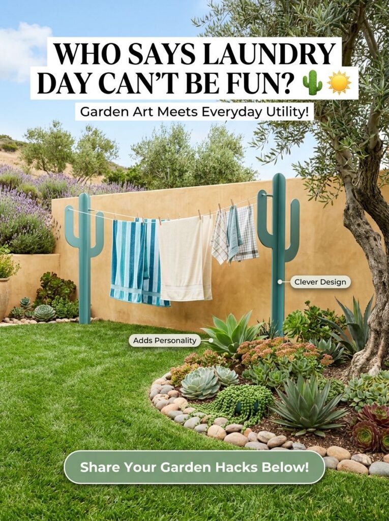 A creative clothesline with teal cactus-shaped posts drying laundry against a terracotta wall with a succulent garden be